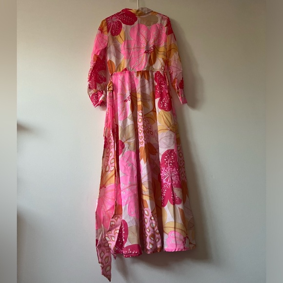 70’s Handmade Vintage Ruffle Button-Up Pink & Yellow Floral Maxi Dress w/ Belt - Picture 7 of 7